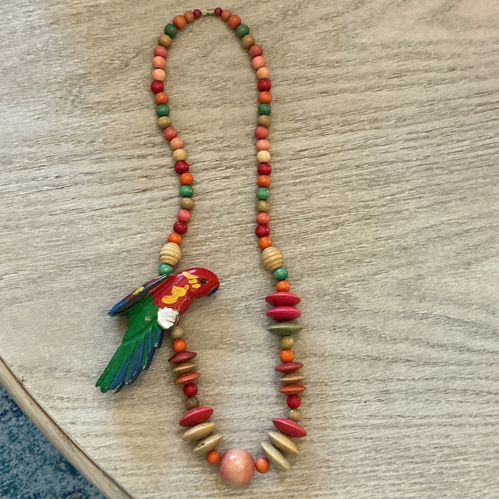 Vintage Tropical Parrot Beaded Necklace – 26” – Colorful Statement Piece